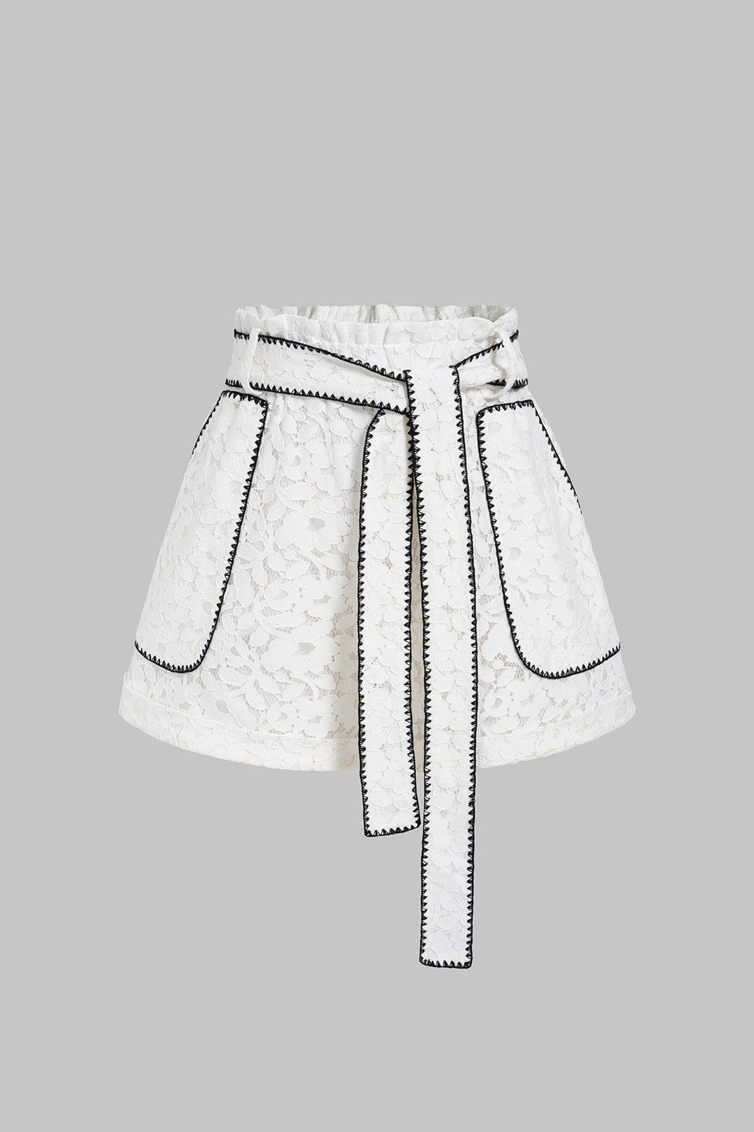 Contrast Whipstitching Lace Tie-Up Wide Leg Shorts