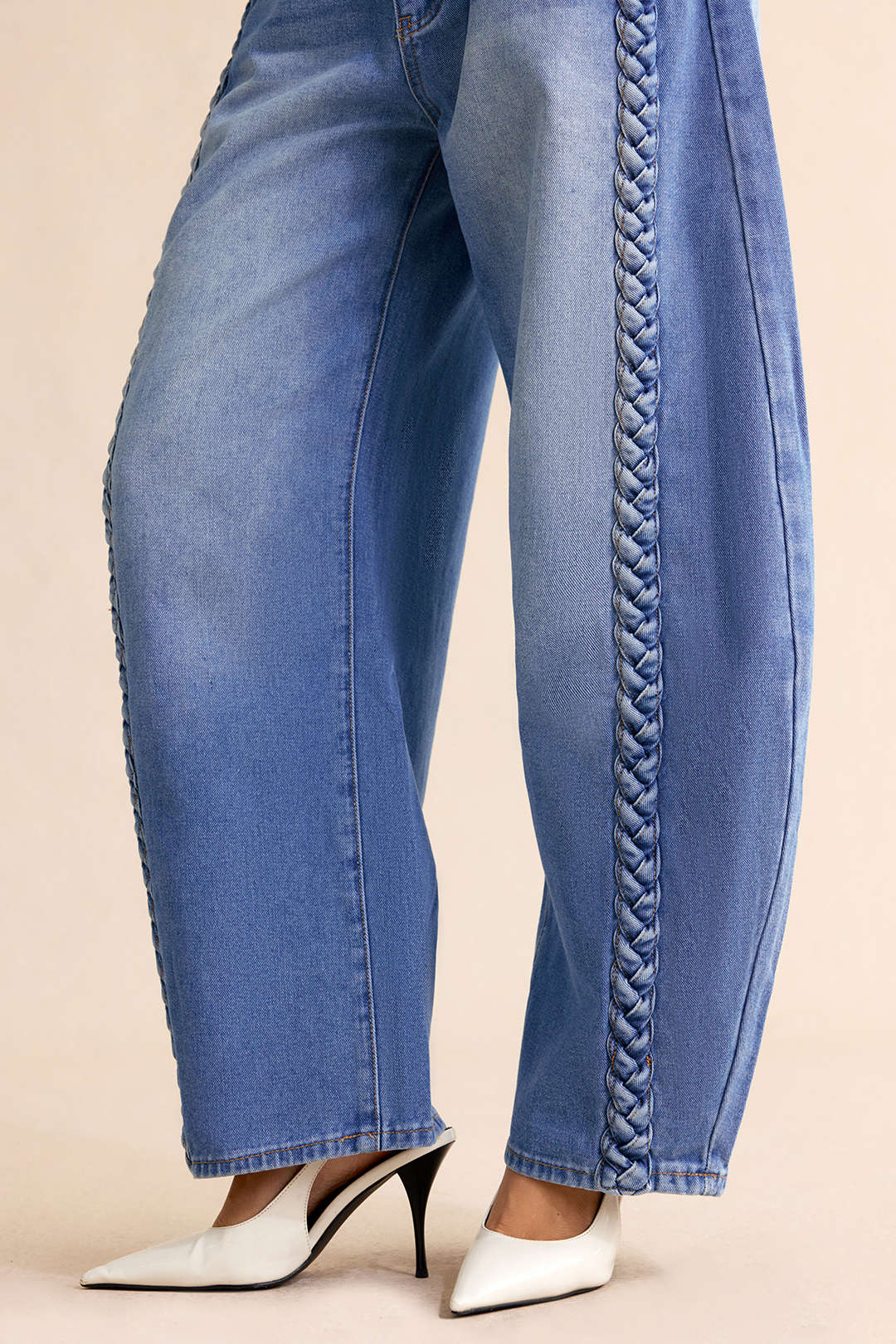 Denim Braided Pocket Zipper Barrel Jeans