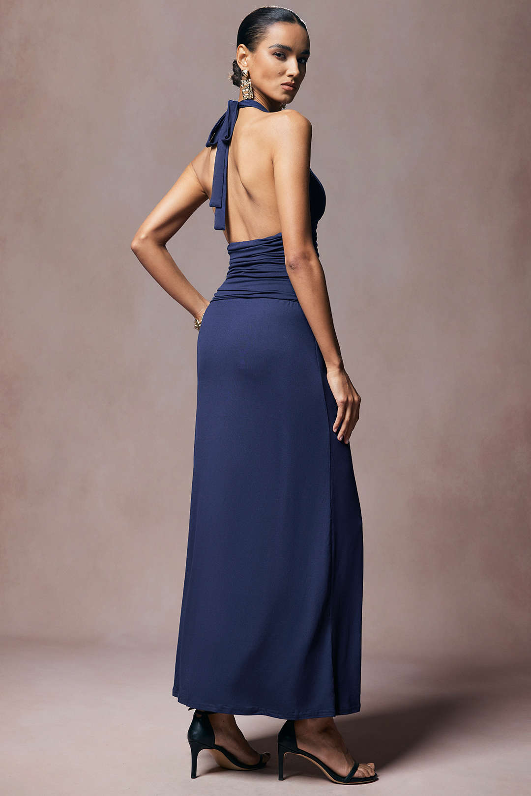 Deep V-Neck Halter Tie Back Ruched Sleeveless Maxi Dress