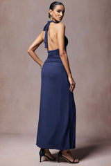 Deep V-Neck Halter Tie Back Ruched Sleeveless Maxi Dress