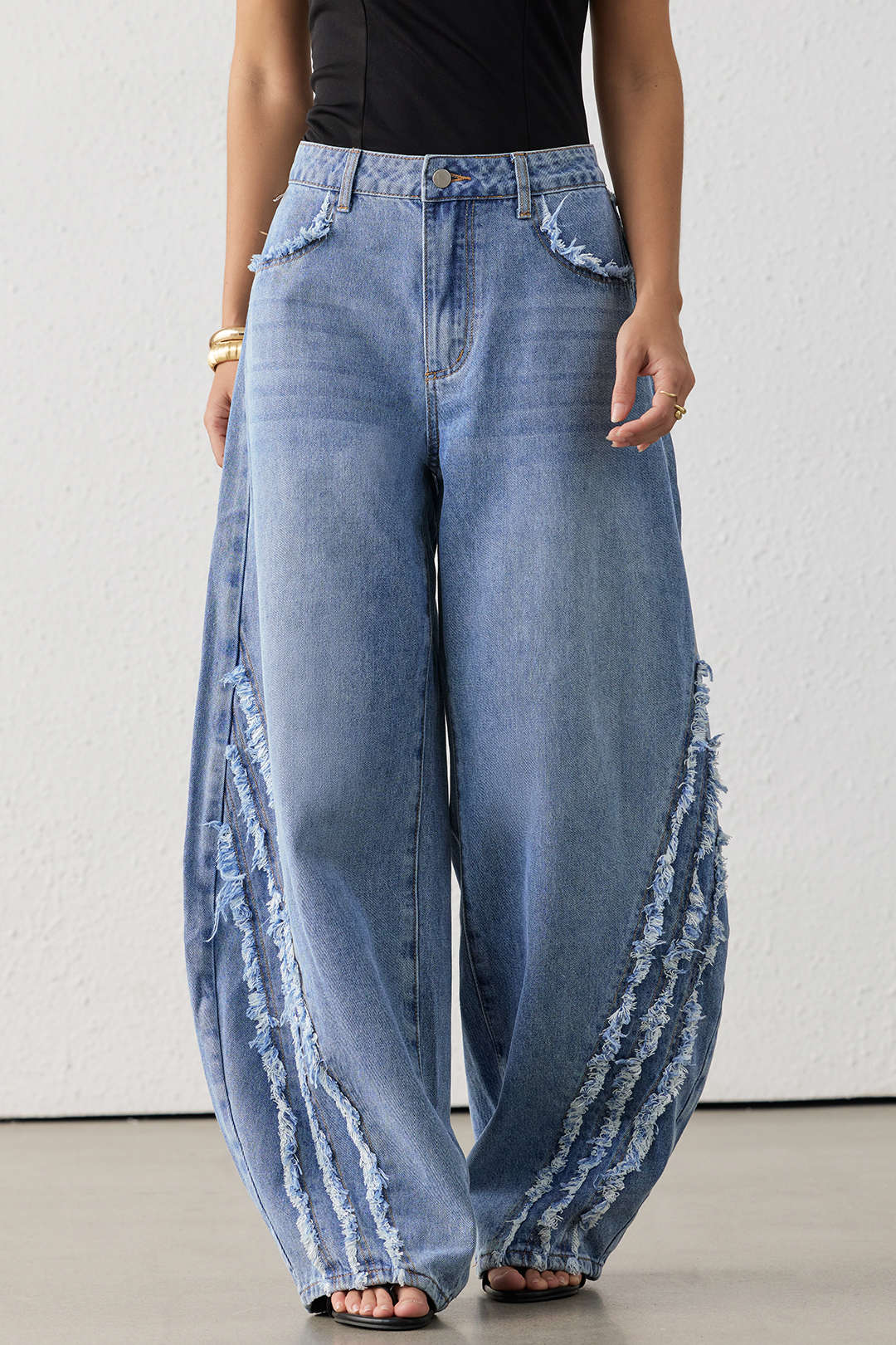Denim Frayed Wide Leg Jeans