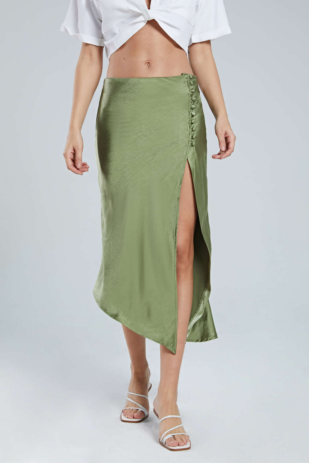 Asymmetric Hem Split Button Decor Skirt