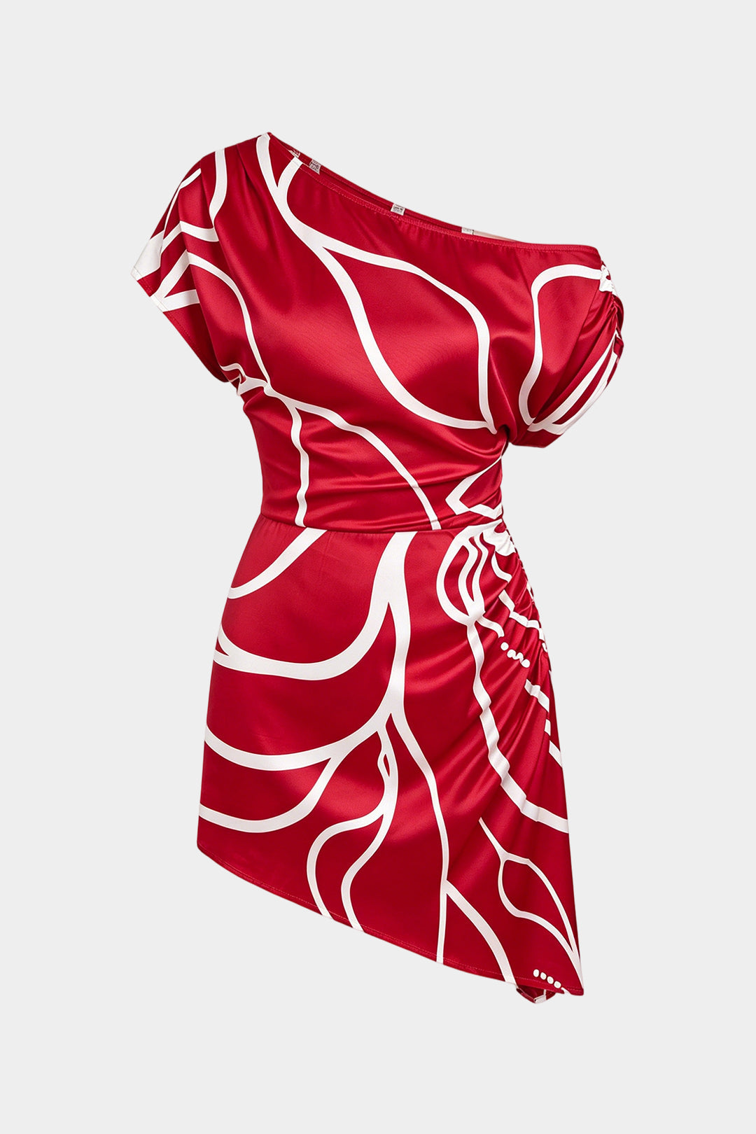 Contrast Print Satin One Shoulder Ruched Short Sleeve Mini Dress