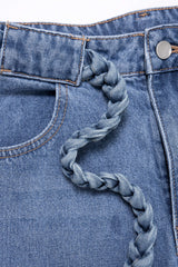 Denim Belted Pocket Wide Leg Jeans
