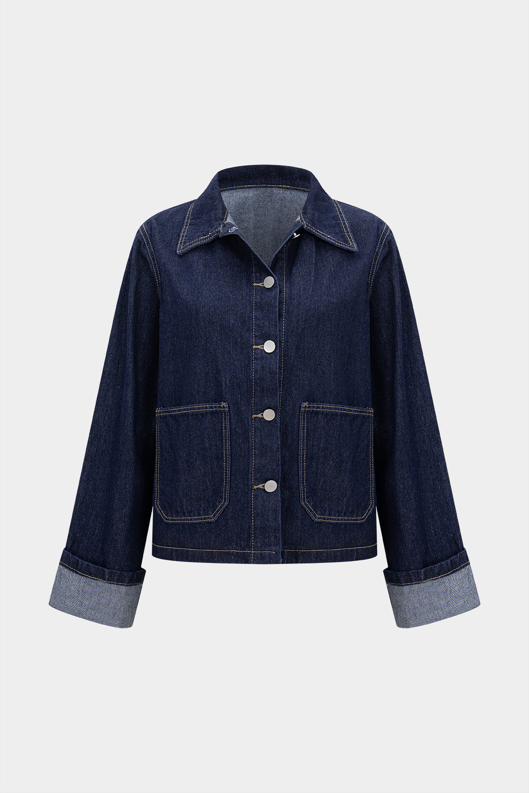 Denim Button Cuffed Long-Sleeve Top