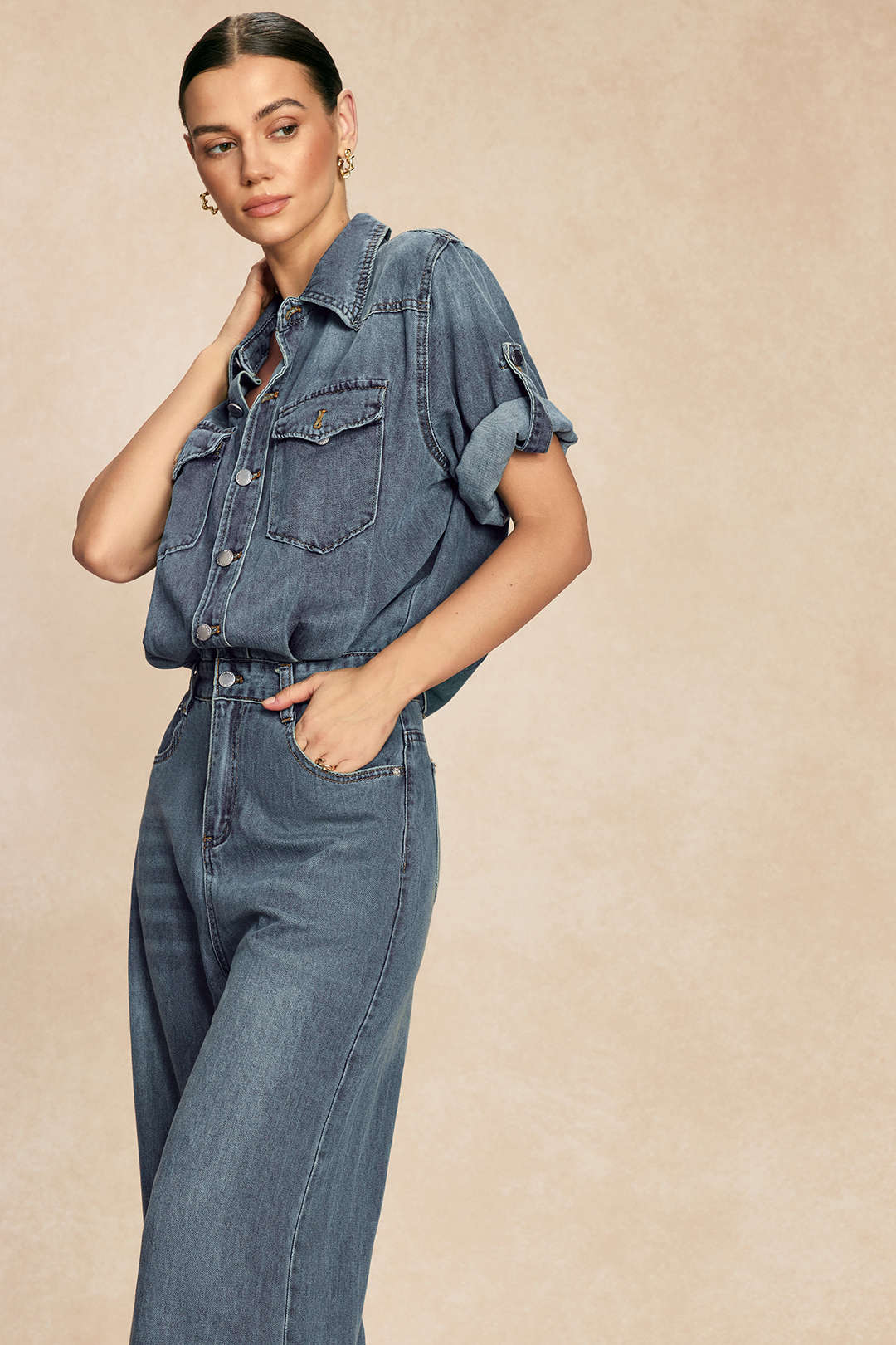 Denim Lapel Short Sleeve Straight Leg Jumpsuit