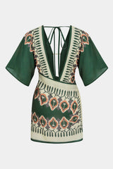 Artistic Print Linen Deep V-Neck Short Sleeve Mini Dress