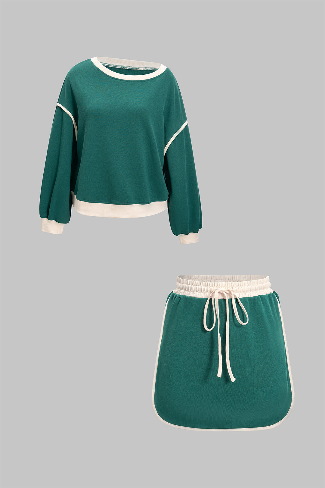 Contrast Binding Long-Sleeve Top And Drawstring Skirt Set