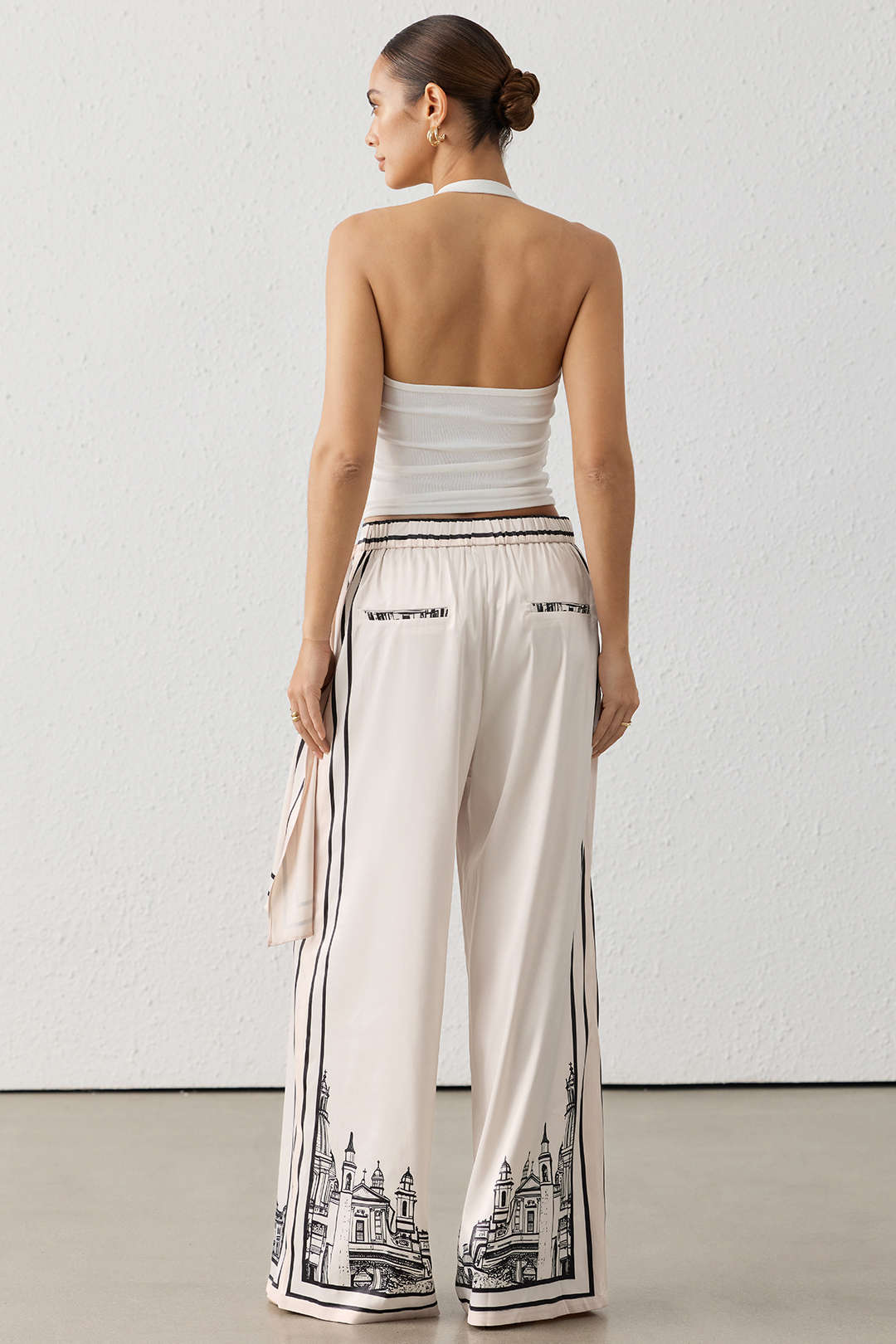 Artistic Print Satin Ruched Asymmetrical Wide Leg Pants