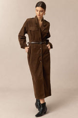 Corduroy Notched Lapel Button Pocket Belted Long Sleeve Midi Dress