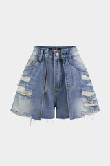 Denim Frayed Zipper High Waist Shorts