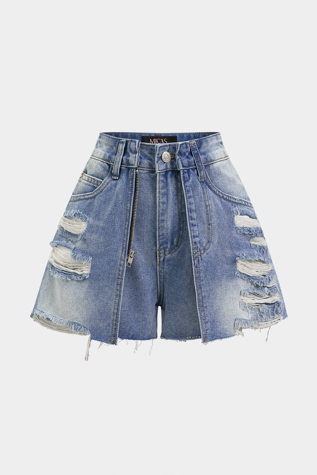 Denim Frayed Zipper High Waist Shorts