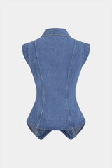 Denim Lapel V-Neck Wrap Buckle Vest