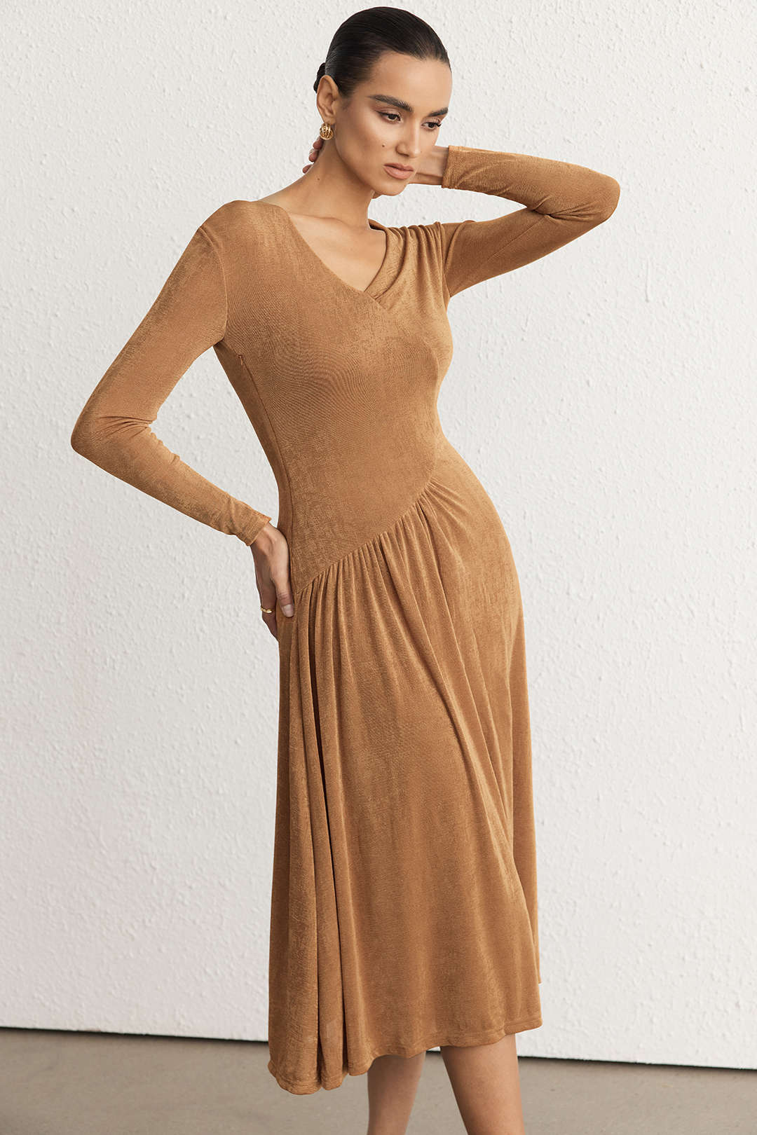 Asymmetrical Neck Long Sleeve Midi Dress