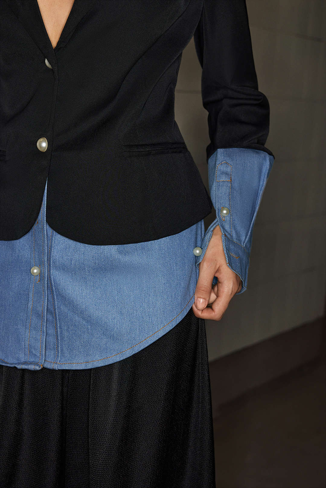 Denim Patchwork Notched Lapel Blazer
