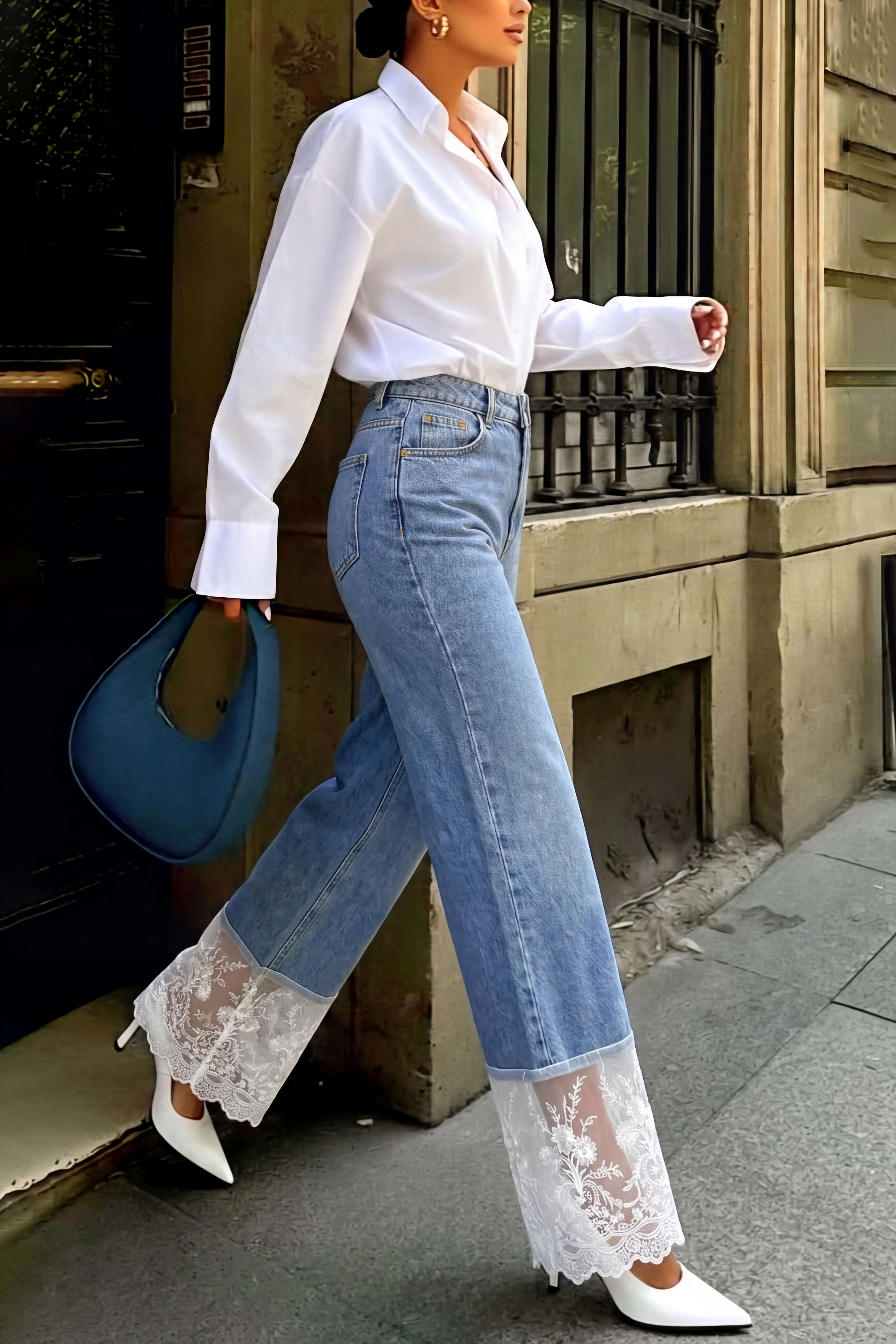 Denim Patchwork Lace Trim Pocket Jeans