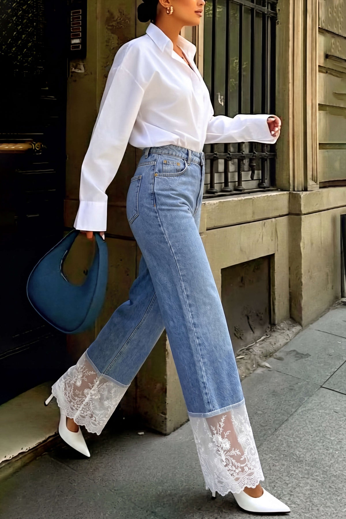 Denim Patchwork Lace Trim Pocket Jeans