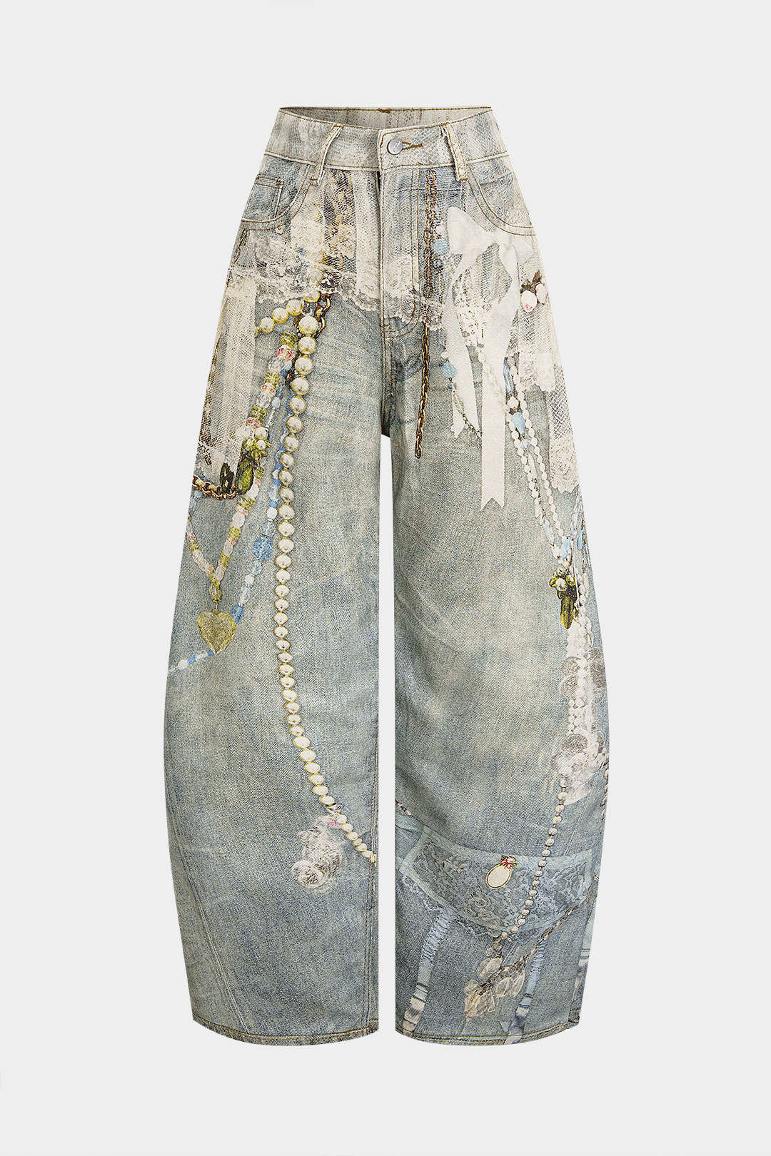 Denim Abstract Print Low Waist Wide Leg Pants