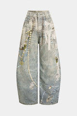 Denim Abstract Print Low Waist Wide Leg Pants