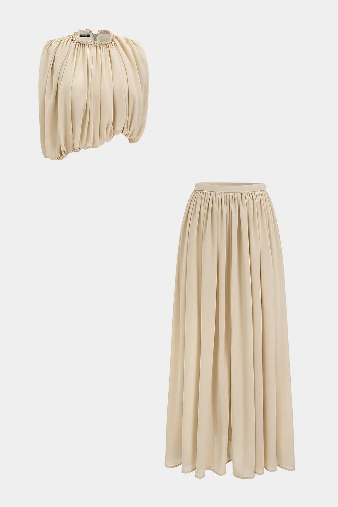 Chiffon Round Neck Ruched Tank Top And Maxi Skirt Set