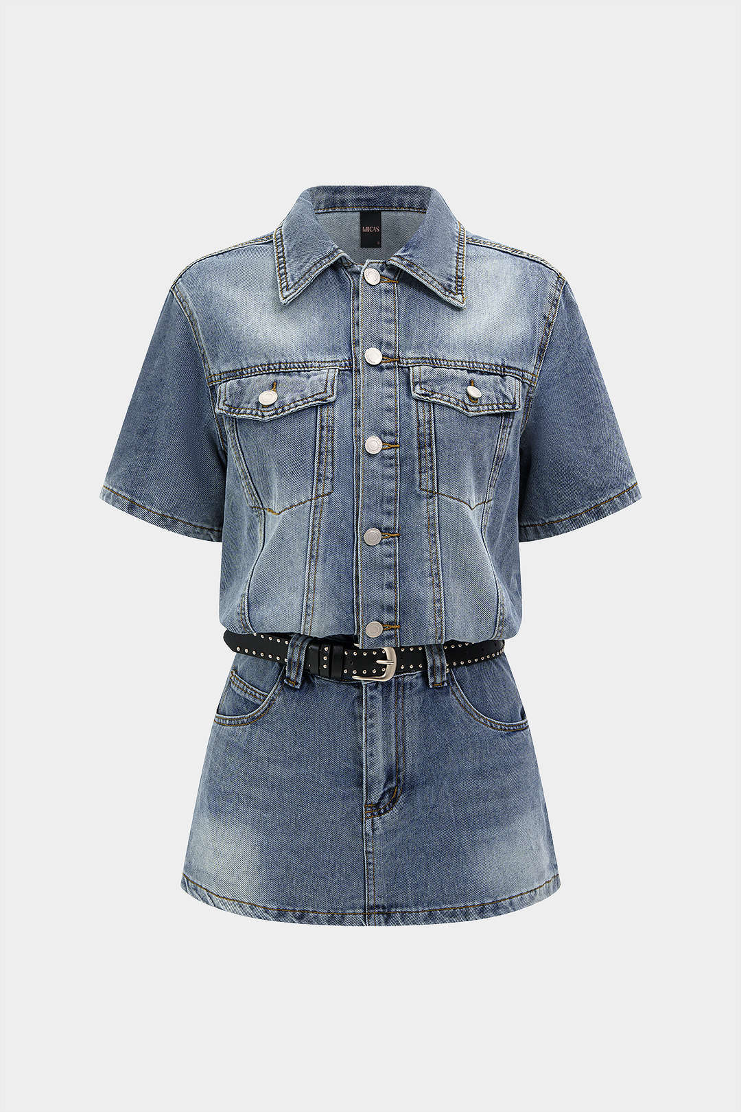 Denim Belted Button Pocket Short Sleeve Romper