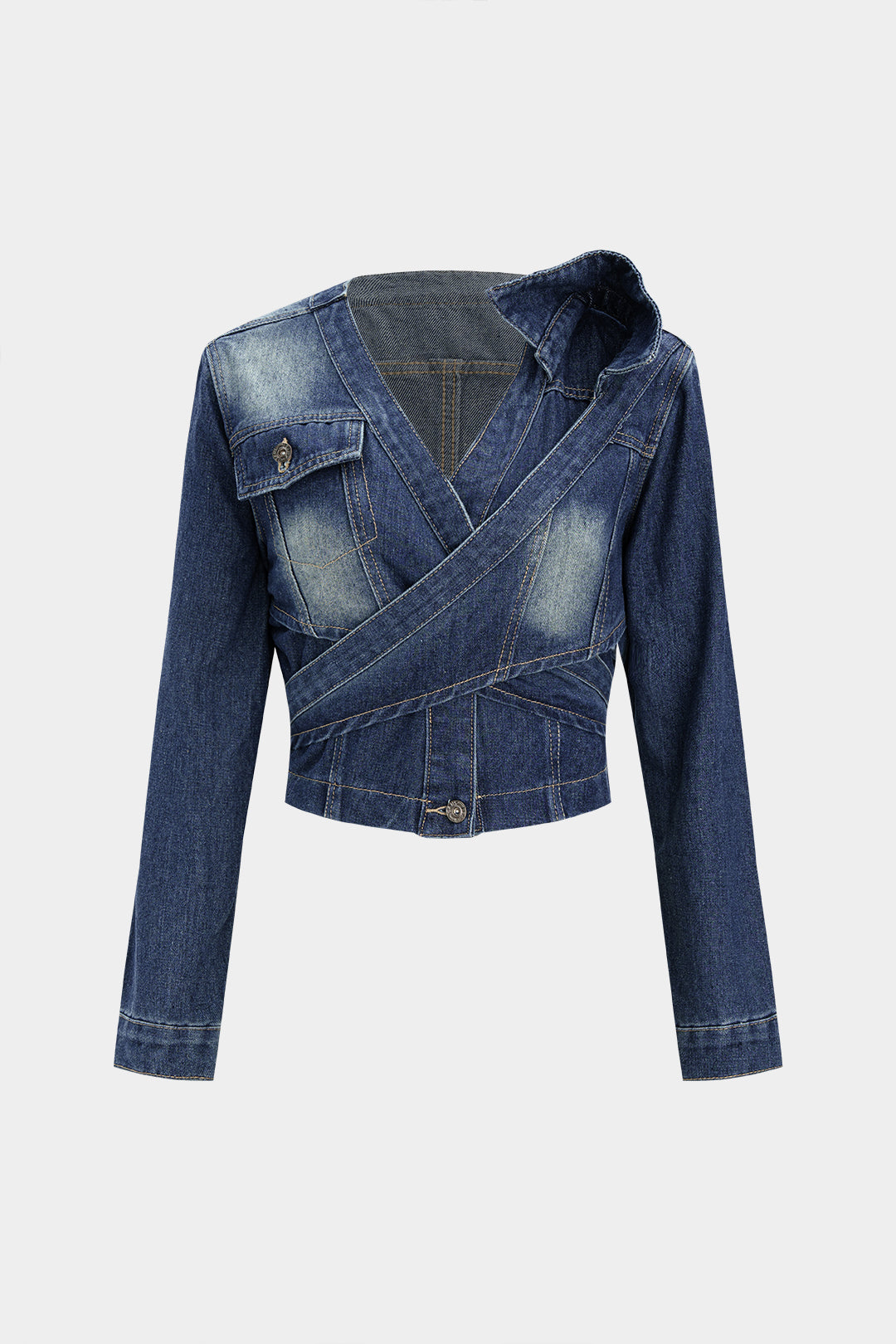 Denim Crossed Tie-Back Asymmetrical Outerwear