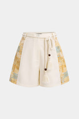 Contrast Print Linen Wide Leg Shorts