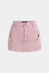 Denim Metallic Zipper Ripped Skirt