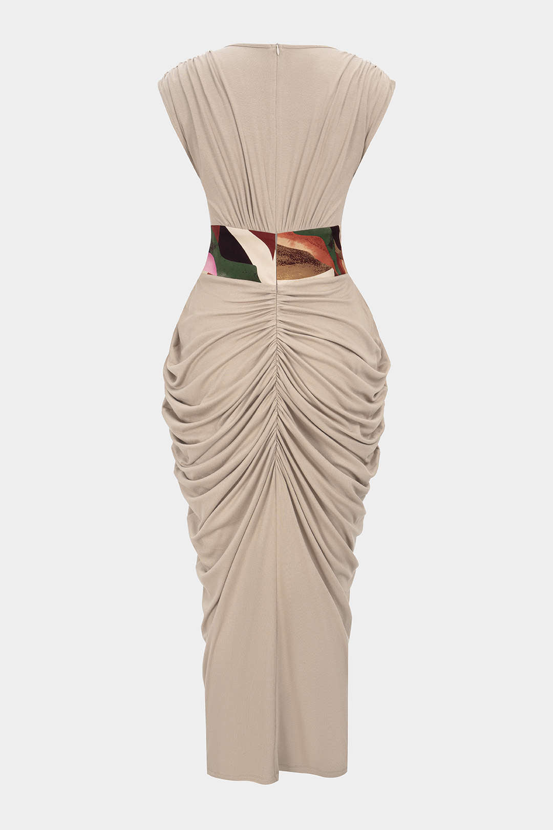 Abstract Print V-Neck Ruched Zipper Sleeveless Maxi Dress