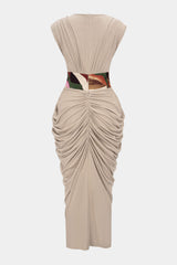 Abstract Print V-Neck Ruched Zipper Sleeveless Maxi Dress
