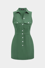 Button Pocket Sleeveless Mini Dress