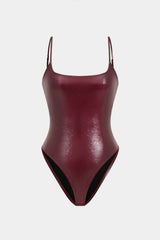 Basic Solid Faux Leather Sleeveless Bodysuit