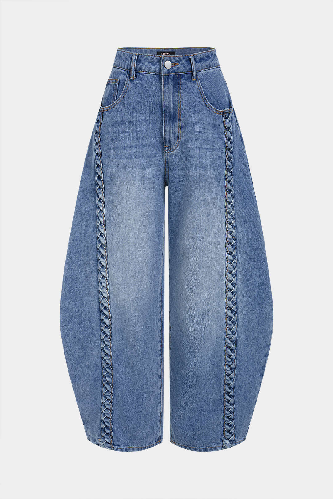 Denim Braided Pocket Zipper Barrel Jeans