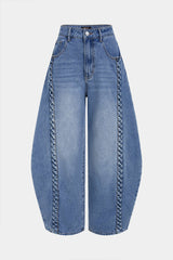 Denim Braided Pocket Zipper Barrel Jeans