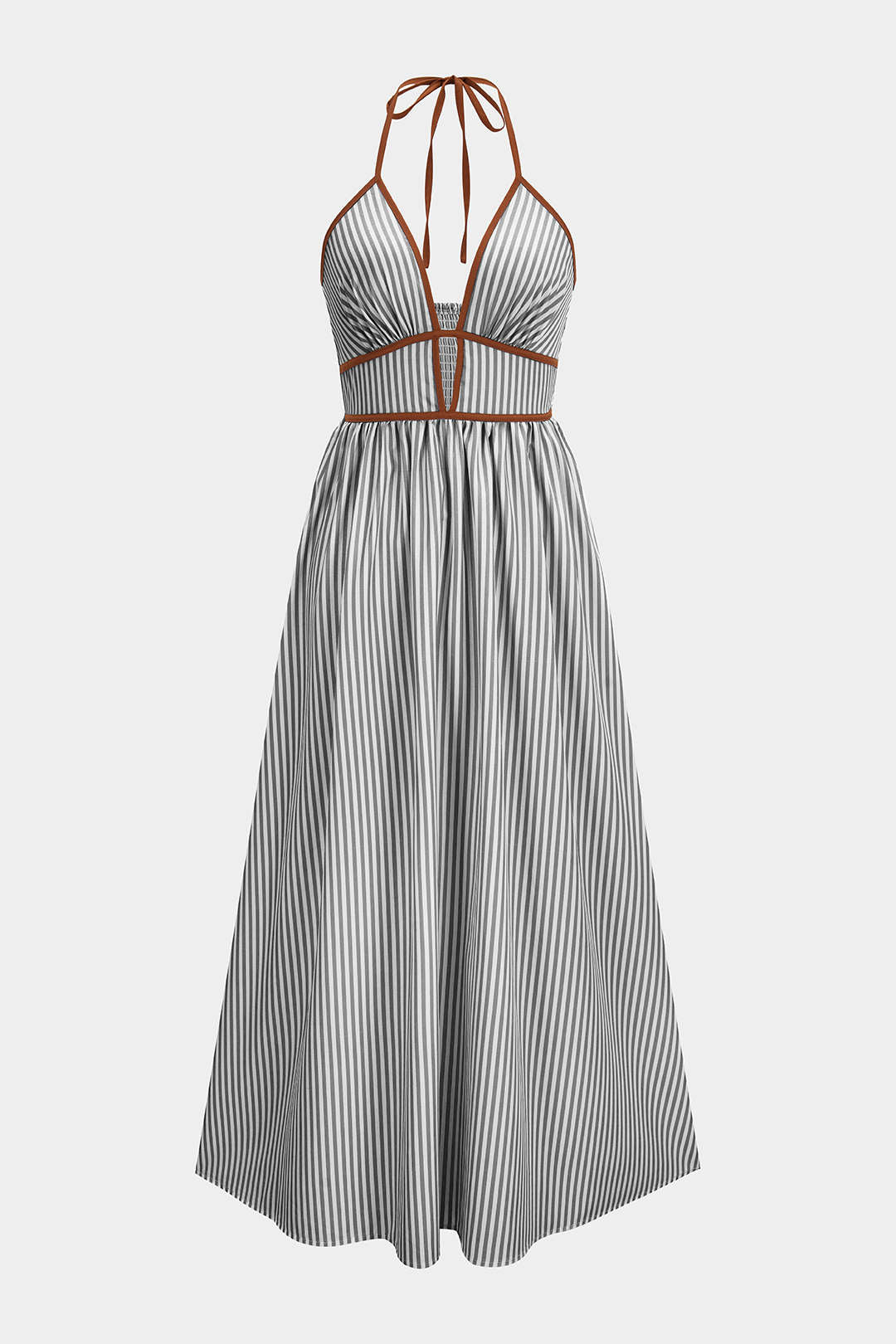 Contrast Stripes Print V-Neck Halter Neck Sleeveless Maxi Dress