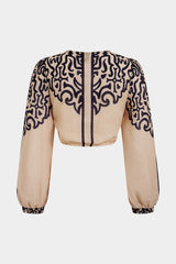 Contrast Geometric Print V-Neck Tie Front Long Sleeve Top