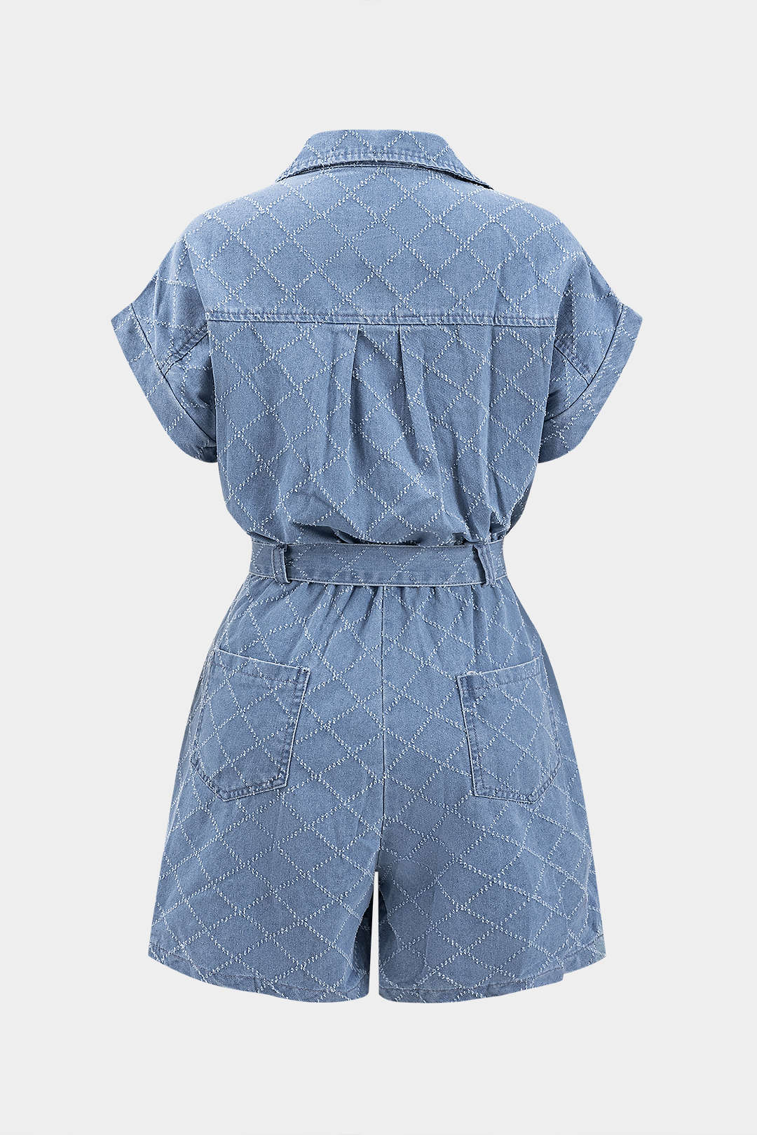 Denim Lapel Belted Pocket Short Sleeve Romper