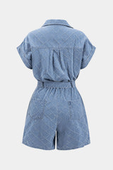 Denim Lapel Belted Pocket Short Sleeve Romper
