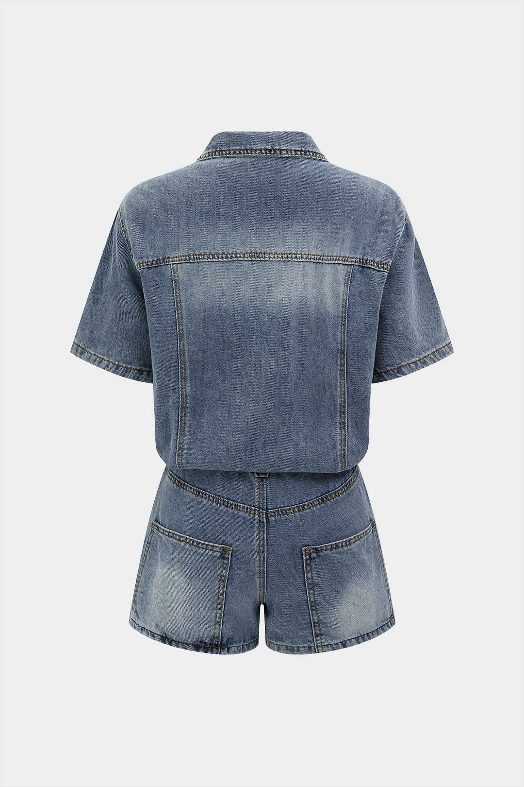Denim Belted Button Pocket Short Sleeve Romper