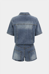 Denim Belted Button Pocket Short Sleeve Romper
