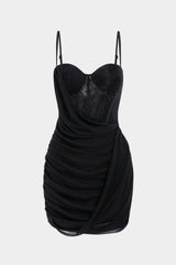Chiffon Patchwork Lace Corset Asymmetrical Ruched Sleeveless Mini Dress