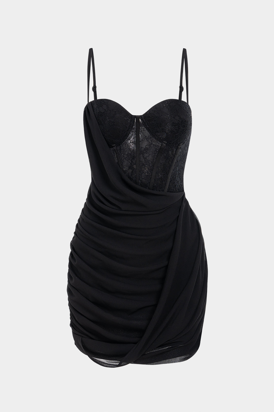 Chiffon Patchwork Lace Corset Asymmetrical Ruched Sleeveless Mini Dress