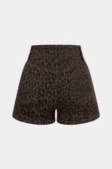 Denim Leopard Print High Waist Shorts
