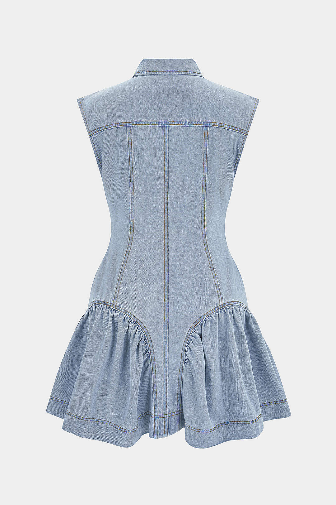 Denim Lapel Button Ruffle Sleeveless Mini Dress