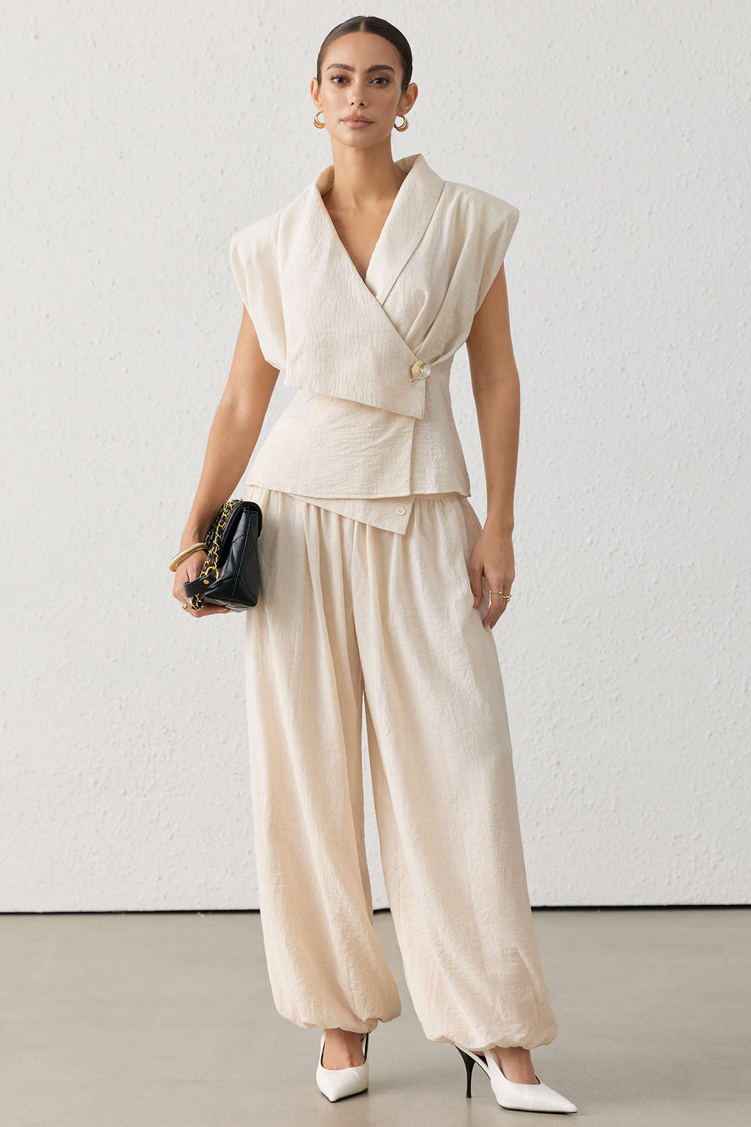 Asymmetrical Button Ruched Wide Leg Pants