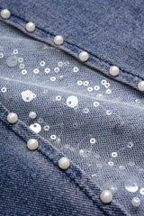 Denim Mesh Patchwork Belted Asymmetrical Rhinestone Decor Jeans