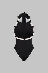 Contrast Halter Neck Twist Knot Backless Tie-Up Sleeveless Bodysuit