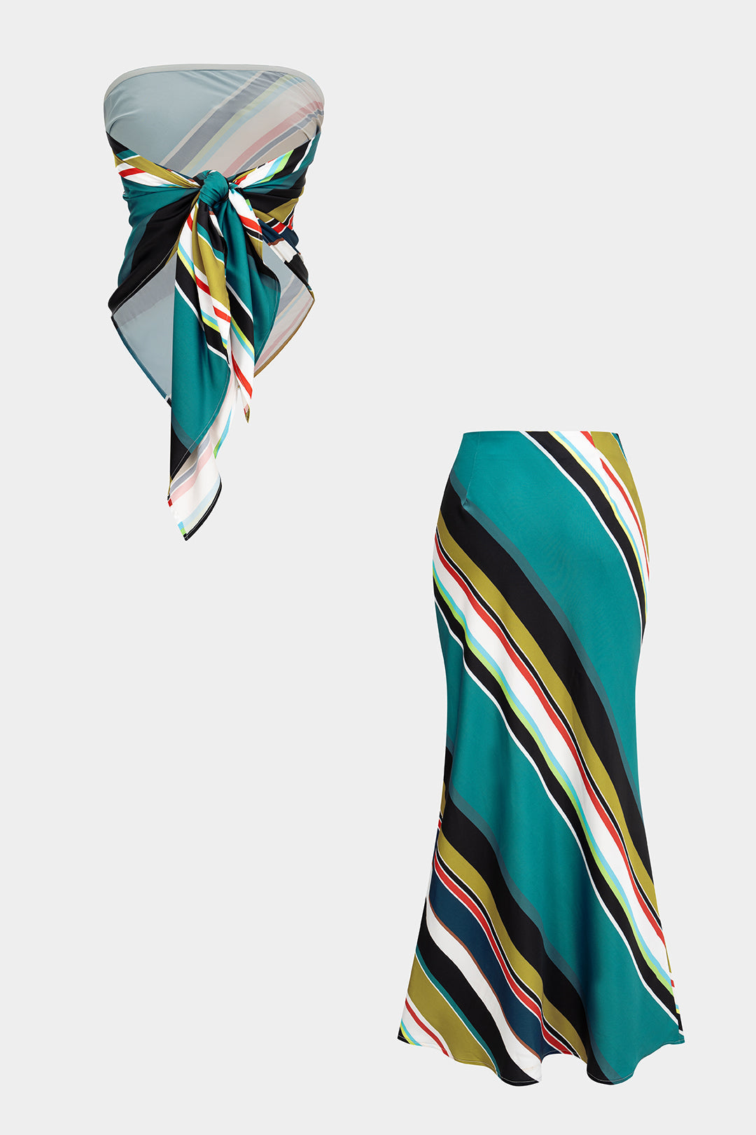 Contrast Stripes Print Satin Tie Back Tube Top And High Waist Skirt Set