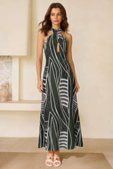 Abstract Print Halter Neck Cut Out Maxi Dress