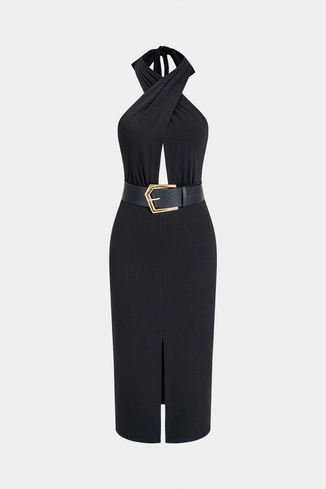 Crossed Halter Neck Belted Cut Out Sleeveless Midi Dress
